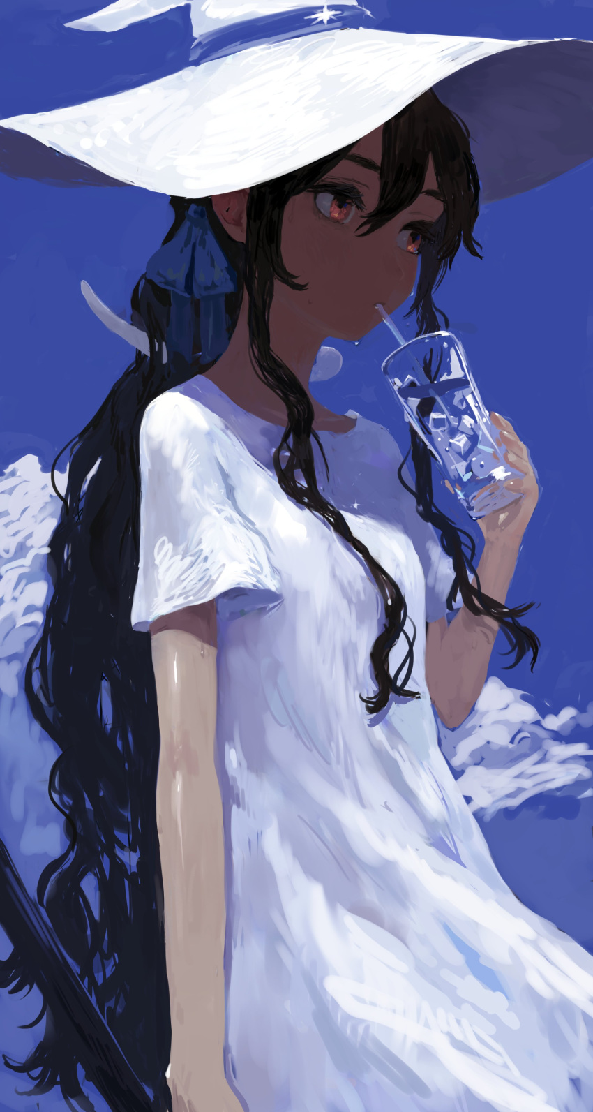 1girl absurdres black_hair blue_ribbon blue_sky clouds cloudy_sky cup dress drinking hair_ribbon hat highres holding holding_cup ice ice_cube lead_white_(tsurunoka) long_hair original red_eyes ribbon shadow short_sleeves sky solo tsumetai_(tsurunoka) upper_body very_long_hair white_dress white_headwear witch_hat