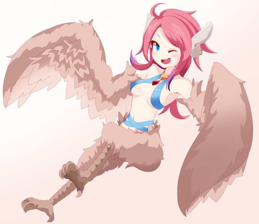 1girl absurdres ahoge animal_ears animal_feet bird_ears bird_legs blue_eyes blush breasts brown_feathers brown_wings commentary_request earrings feathered_wings feathers harpy harpy_(mon-musu_quest!) highres jewelry long_hair medium_breasts mon-musu_quest! monster_girl navel necklace one_eye_closed open_mouth philip_(n1k2-j) pink_hair simple_background solo white_background winged_arms wings