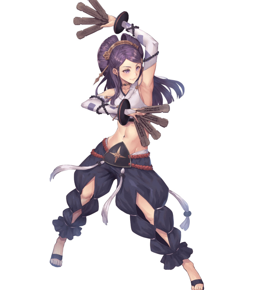 1girl bangs bridal_gauntlets choker fire_emblem fire_emblem_fates fire_emblem_heroes full_body hair_ornament highres japanese_clothes long_hair midriff navel official_art orochi_(fire_emblem) oukawa_yuu pants purple_hair sandals shiny shiny_hair solo stomach tied_hair toeless_footwear toes transparent_background violet_eyes