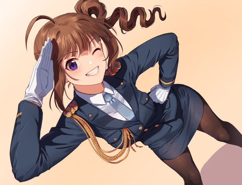 1girl ahoge bangs black_legwear blue_neckwear brown_hair buttons collared_shirt commentary_request drill_hair eyebrows_visible_through_hair feet_out_of_frame gloves grin hand_on_hip idolmaster idolmaster_million_live! idolmaster_million_live!_theater_days kamille_(vcx68) looking_at_viewer medium_hair miniskirt necktie one_eye_closed orange_background pantyhose police police_uniform policewoman salute shirt skirt smile solo standing uniform violet_eyes white_gloves white_shirt yokoyama_nao