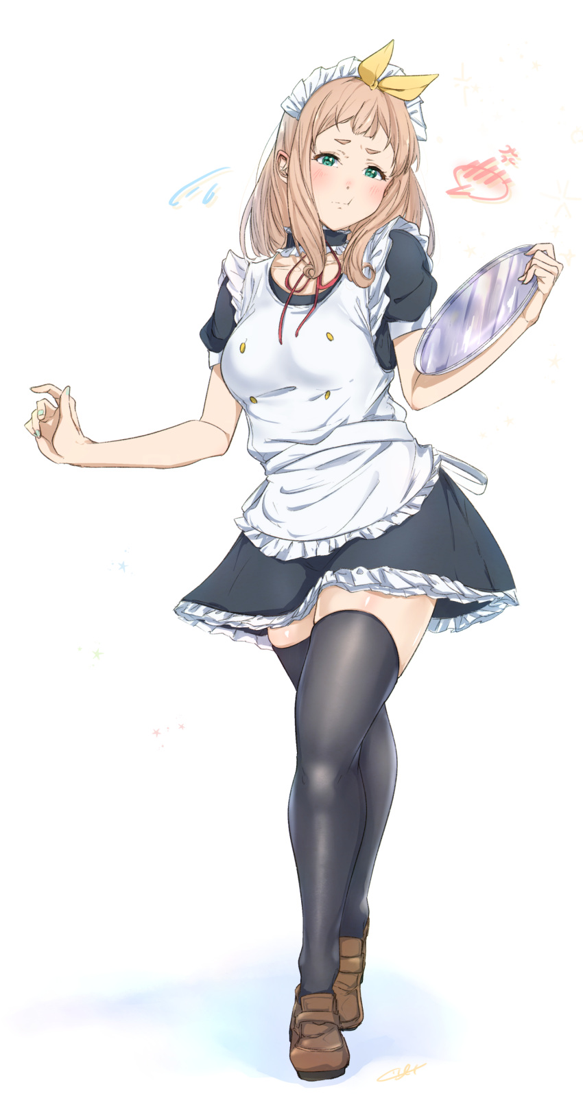 1girl absurdres alternate_costume apron bangs black_dress black_legwear blonde_hair blush brown_footwear closed_mouth dress embarrassed enmaided green_eyes hair_ribbon hibike!_euphonium highres holding holding_plate kuziaaizuk loafers long_hair looking_at_viewer maid maid_apron maid_headdress plate pout puffy_short_sleeves puffy_sleeves ribbon shoes short_sleeves simple_background solo speech_bubble standing thigh-highs white_apron white_background yellow_ribbon yoshikawa_yuuko zettai_ryouiki