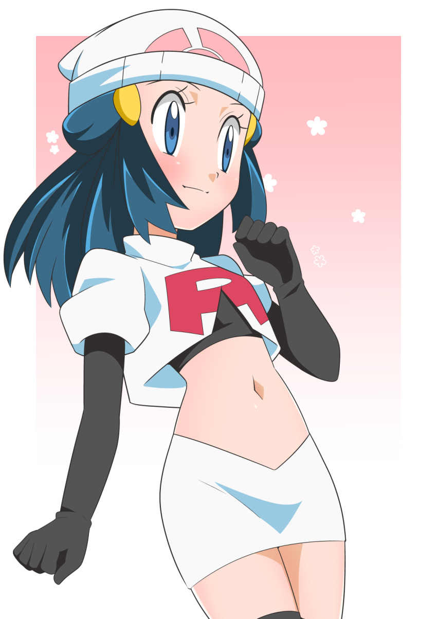 1girl alternate_costume beanie black_gloves blue_eyes blue_hair blush closed_mouth commentary_request cropped_jacket hikari_(pokemon) elbow_gloves eyelashes gloves hainchu hair_ornament hairclip hand_up hat highres jacket long_hair midriff navel pokemon pokemon_(anime) pokemon_dppt_(anime) skirt smile solo team_rocket_uniform white_headwear white_jacket white_skirt