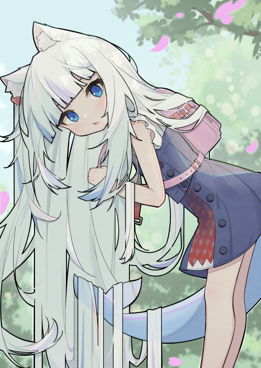 1girl absurdly_long_hair animal_ears backpack bag bangs blue_eyes blue_hair blue_skirt blunt_bangs buttons cat_ears cp2980606 eyebrows_visible_through_hair feet_out_of_frame fish_tail frilled_sleeves frills gawr_gura hair_cubes hair_ornament highres hololive hololive_english leaning_over light_blush long_hair looking_at_viewer miniskirt multicolored_hair official_alternate_costume open_mouth outdoors petals pink_bag pink_hair school_bag shark_girl shark_tail shirt short_sleeves silver_hair skirt skirt_set solo streaked_hair tail very_long_hair virtual_youtuber white_shirt