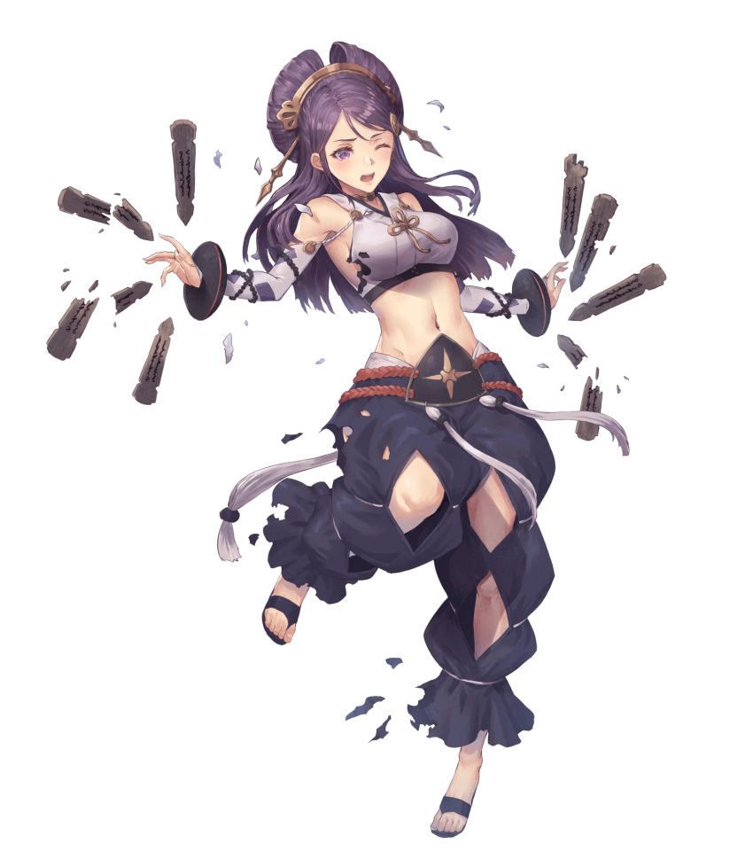 1girl bangs bridal_gauntlets choker fire_emblem fire_emblem_fates fire_emblem_heroes full_body hair_ornament highres japanese_clothes long_hair midriff navel official_art orochi_(fire_emblem) oukawa_yuu pants purple_hair sandals shiny shiny_hair solo stomach tied_hair toeless_footwear toes transparent_background violet_eyes