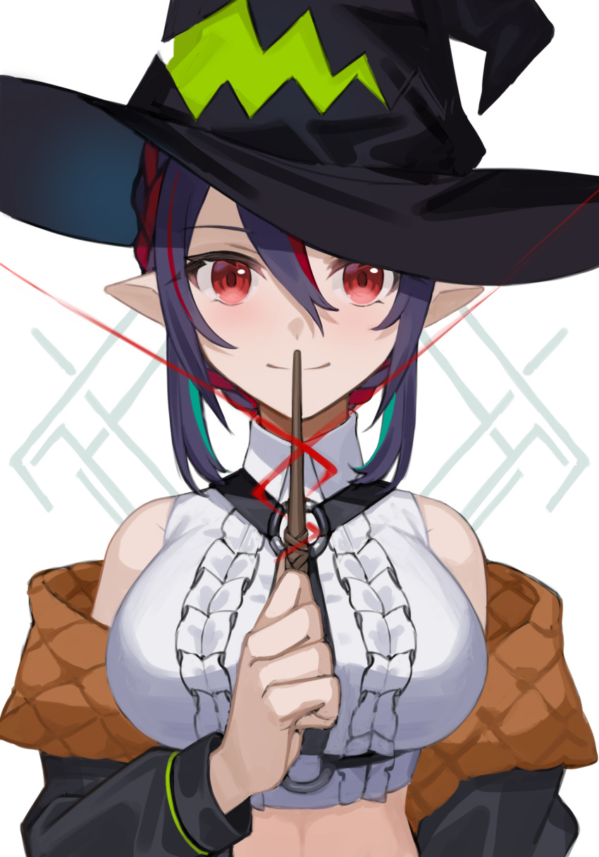 1girl amahara_subaru bare_shoulders black_hair black_headwear black_jacket breasts center_frills collared_shirt crop_top frilled_shirt frills hair_between_eyes harness hat highres holding indie_virtual_youtuber isonade_orca jacket large_breasts long_sleeves looking_at_viewer midriff multicolored_hair off_shoulder open_clothes open_jacket pointy_ears red_eyes shirt short_hair sleeveless sleeveless_shirt smile solo streaked_hair turtleneck upper_body virtual_youtuber wand white_shirt witch_hat