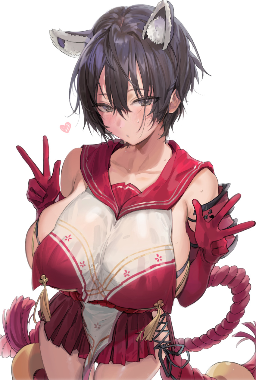 1girl absurdres animal_ears bare_shoulders black_hair blue_archive breast_curtain breasts elbow_gloves freng gloves grey_eyes heart highres large_breasts pleated_skirt red_gloves red_sailor_collar red_skirt revealing_clothes rope sailor_collar sideless_outfit skirt sweat tassel tsubaki_(blue_archive) two-tone_shirt w