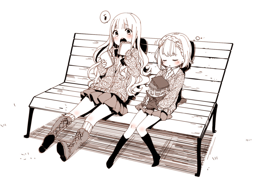 2girls :o bangs bench black_legwear boots braid briar_rose_(sinoalice) closed_eyes eating food full_body hair_between_eyes holding holding_food jacket little_red_riding_hood_(sinoalice) long_hair monochrome multiple_girls musical_note no_shoes open_mouth polo_shirt sandwich school_uniform shirt short_hair simple_background sinoalice sitting skirt sleeping speech_bubble teroru wallet wavy_hair white_background white_hair white_legwear white_shirt