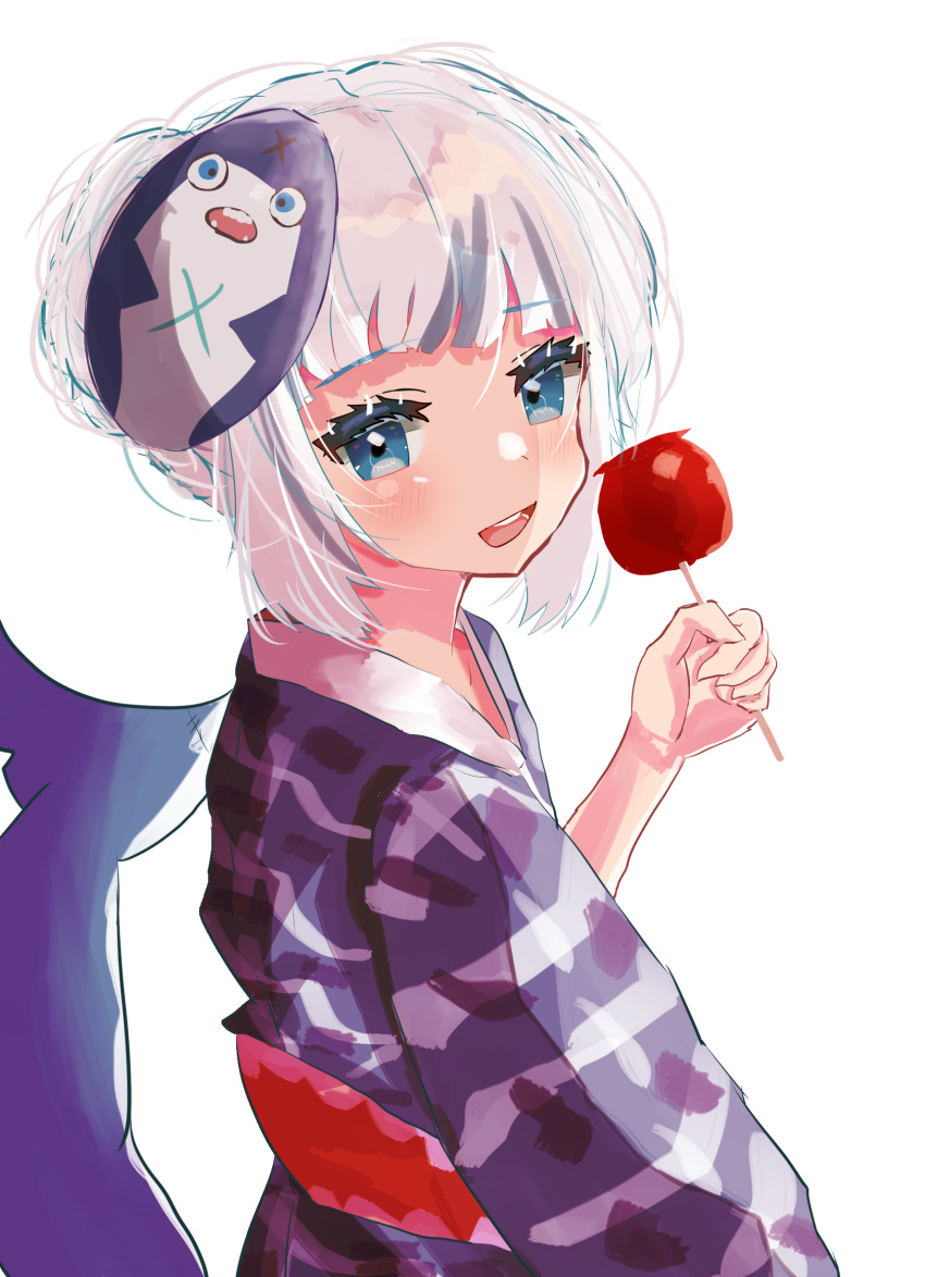 1girl bangs bloop_(gawr_gura) blue_eyes blue_hair blue_kimono blunt_bangs blush candy_apple eyebrows_visible_through_hair fish_tail food gawr_gura highres holding holding_food hololive hololive_english japanese_clothes kimono looking_at_viewer multicolored_hair open_mouth print_kimono shark_girl shark_print shark_tail short_hair sidelocks silver_hair simple_background smile solo source_request streaked_hair tail twisted_torso upper_body virtual_youtuber white_background