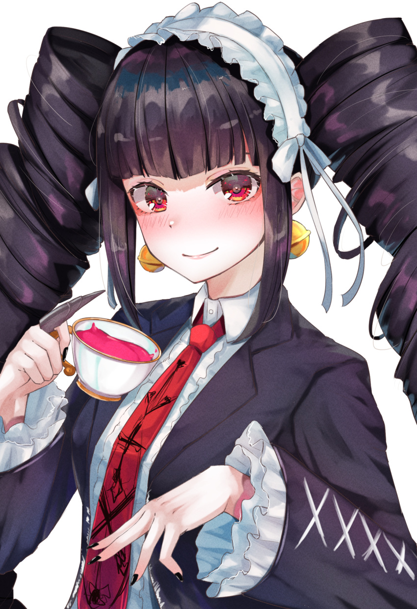 1girl bangs black_hair black_jacket black_nails blunt_bangs blush bonnet celestia_ludenberg closed_mouth collared_shirt commentary_request cup dangan_ronpa:_trigger_happy_havoc dangan_ronpa_(series) drill_hair earrings fingernails frilled_sleeves frills gothic_lolita hair_ornament hairband highres holding holding_cup jacket jewelry lolita_fashion long_hair long_sleeves looking_at_viewer nail_polish necktie open_clothes open_jacket print_neckwear red_eyes red_neckwear shirt simple_background smile solo teacup twin_drills twintails upper_body white_background white_shirt yuunamida_uyu