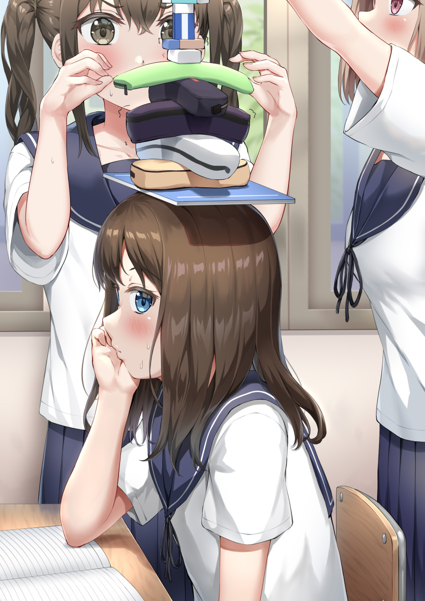 3girls absurdres arm_up balancing balancing_on_head bangs black_neckwear blue_eyes blue_sailor_collar blue_skirt blush brown_eyes brown_hair classroom closed_mouth commentary_request cowboy_shot eraser eyebrows_visible_through_hair hands_up head_rest highres indoors long_hair long_skirt looking_to_the_side looking_up multiple_girls neck_ribbon nedia_(nedia_region) notebook on_chair on_head original pencil_case pink_eyes ribbon sailor_collar school_uniform shirt short_hair short_sleeves sitting skirt stacking standing sweat trembling twintails upper_body white_shirt