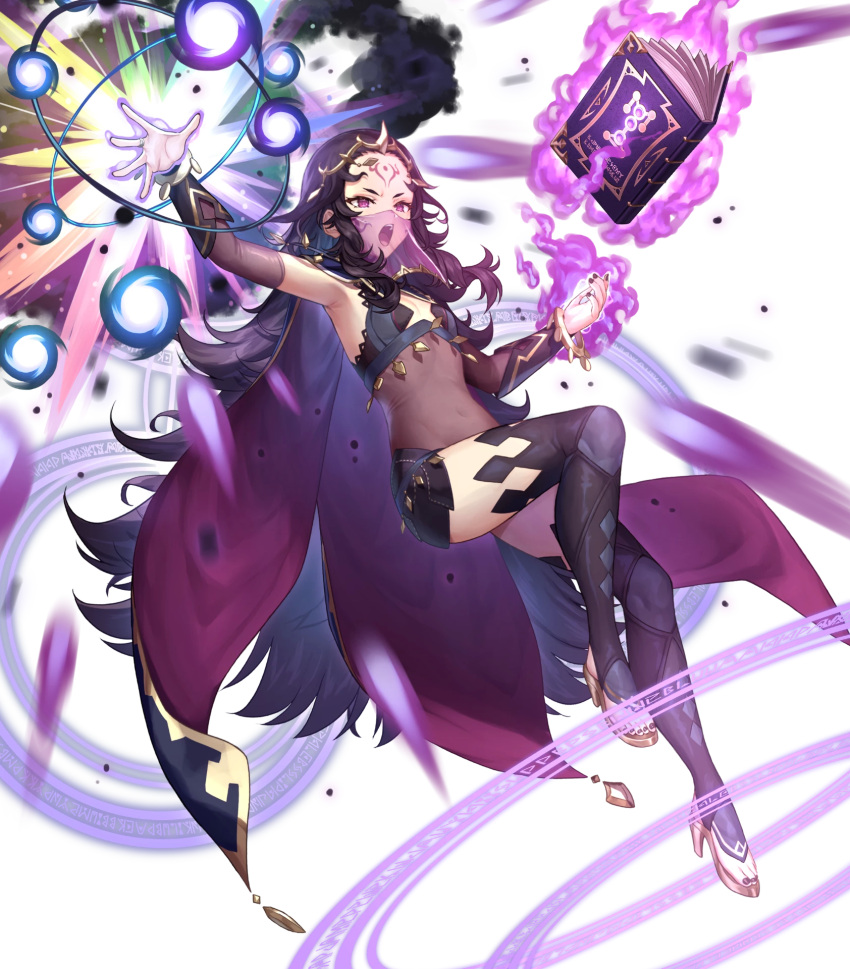 1girl black_hair bodystocking bracelet breasts cape facial_mark fingernails fire_emblem fire_emblem_fates fire_emblem_heroes forehead_mark highres jewelry kousei_horiguchi long_hair mouth_veil nail_polish nyx_(fire_emblem) official_art red_eyes see-through simple_background small_breasts solo thigh-highs tiara toeless_footwear transparent_background veil