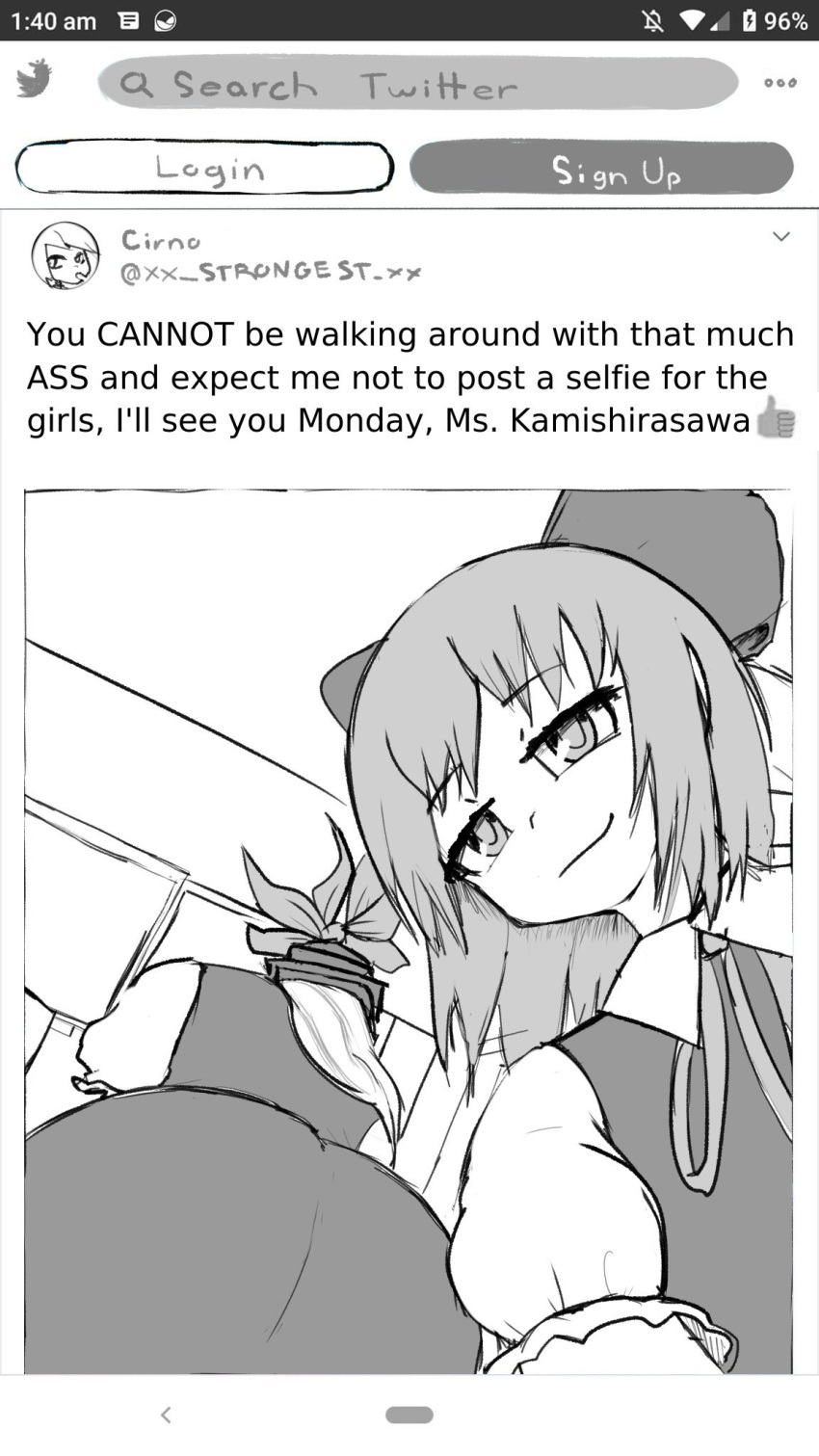 2girls aksawshin android_(os) ass bad_id bad_twitter_id bow cirno emoji fake_screenshot from_behind greyscale hair_bow hat head_tilt highres kamishirasawa_keine logo_parody looking_at_viewer monochrome multiple_girls puffy_sleeves selfie sketch smile smug touhou twitter you_cannot_be_walking_around_with_that_much_ass