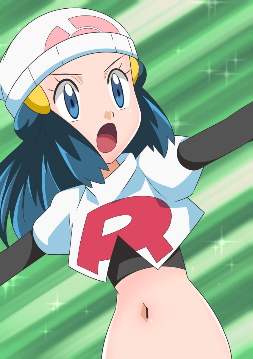 1girl :o alternate_costume beanie black_gloves blue_eyes blue_hair commentary_request cropped_jacket hikari_(pokemon) elbow_gloves eyelashes gloves hainchu hair_ornament hairclip hat highres jacket long_hair midriff navel open_mouth outstretched_arms pokemon pokemon_(anime) pokemon_dppt_(anime) solo sparkle team_rocket_uniform tongue upper_body white_headwear white_jacket