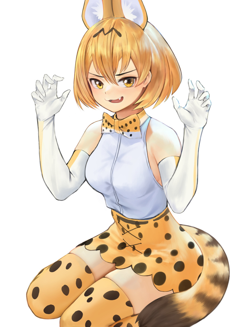 1girl absurdres animal_ear_fluff animal_ears bangs bare_shoulders blonde_hair bow bowtie breasts claw_pose elbow_gloves extra_ears fang gloves hands_up high-waist_skirt highres kemono_friends looking_at_viewer open_mouth print_bow print_legwear print_neckwear print_skirt serval_(kemono_friends) serval_print shirt shirt_tucked_in short_hair simple_background sitting skirt sleeveless sleeveless_shirt small_breasts solo tail thigh-highs ur-8 wariza white_background white_shirt yellow_eyes zettai_ryouiki