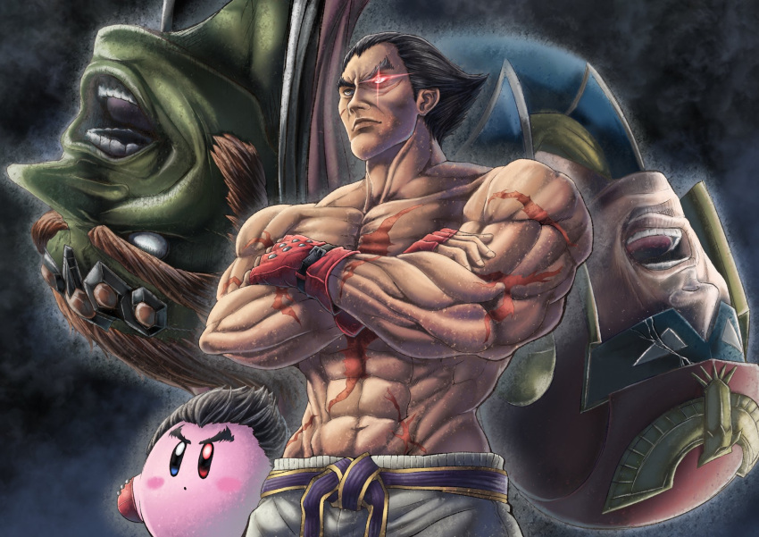 4boys black_hair blue_eyes brown_hair captain_falcon copy_ability fingerless_gloves ganondorf gerudo gloves highres kirby kirby_(series) looking_at_viewer male_focus mishima_kazuya multiple_boys muscular red_eyes scar shirtless short_hair simple_background smile sumaboooo super_smash_bros. tekken the_legend_of_zelda the_legend_of_zelda:_ocarina_of_time thick_eyebrows volcano wings