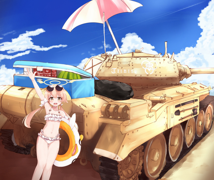 1girl absurdres blue_archive breasts collarbone commentary_request crusader_(tank) eyewear_on_head ground_vehicle halo hifumi_(blue_archive) highres kurokimono001 light_brown_hair military military_vehicle motor_vehicle navel parasol sky small_breasts solo sunglasses swimsuit tank umbrella waving yellow_eyes