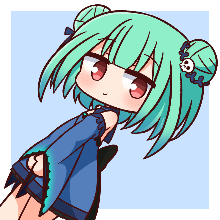 1girl bangs bare_shoulders blue_background blue_bow blue_dress blue_flower blue_sleeves blush bow chibi closed_mouth commentary_request detached_sleeves double_bun dress dutch_angle eyebrows_visible_through_hair flower green_hair hair_bow hair_flower hair_ornament hana_kazari highres hololive long_sleeves looking_at_viewer red_eyes skull_hair_ornament sleeveless sleeveless_dress smile solo two-tone_background uruha_rushia white_background wide_sleeves