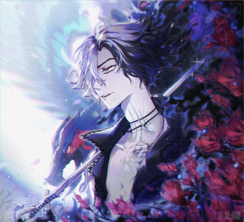 1boy bare_shoulders bird black_hair cane chinese_commentary chromatic_aberration collarbone devil_may_cry_(series) devil_may_cry_5 diffraction_spikes film_grain flower gradient_hair green_eyes griffon_(devil_may_cry_5) hair_between_eyes highres holding holding_cane jewelry light_particles long_neck male_focus mianquan multicolored_hair necklace open_mouth pale_skin red_flower short_hair tattoo upper_body v_(devil_may_cry) watermark white_hair