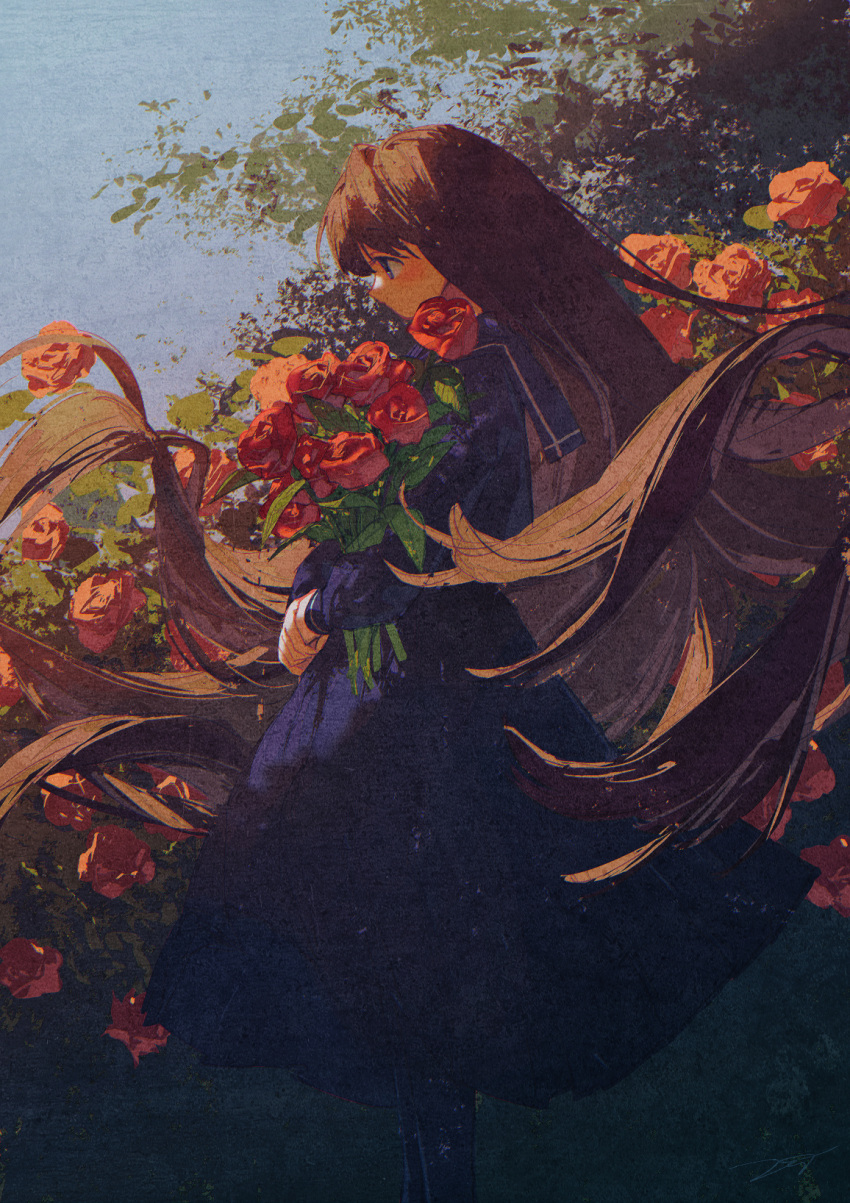 1girl black_dress black_legwear blue_eyes brown_hair bush closed_mouth dress flower highres holding holding_flower long_hair long_sleeves looking_to_the_side original pantyhose potg_(piotegu) red_flower red_rose rose solo tree very_long_hair