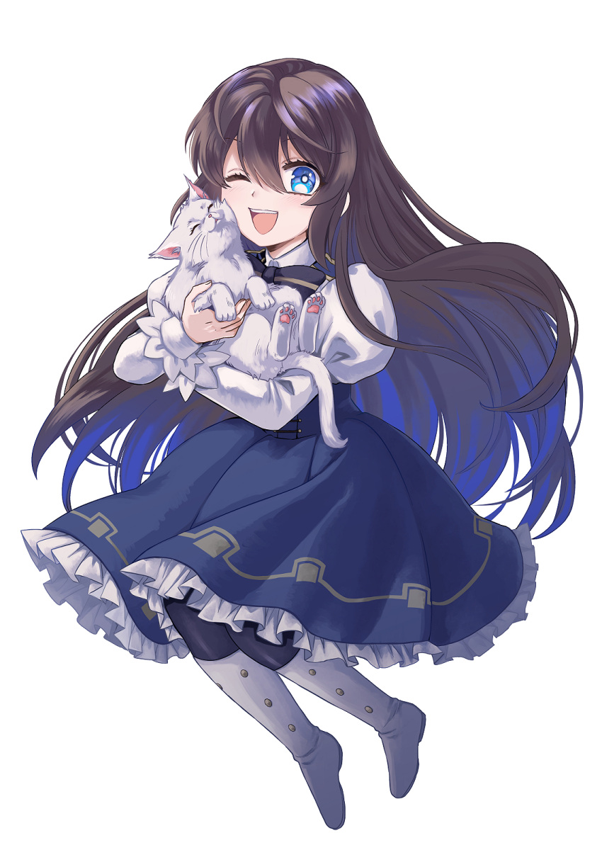 1girl animal blue_dress blue_eyes brown_hair cat dress full_body highres hizuki_aya holding holding_animal holding_cat juliet_sleeves long_hair long_sleeves mebius_world_online one_eye_closed open_mouth puffy_sleeves smile solo