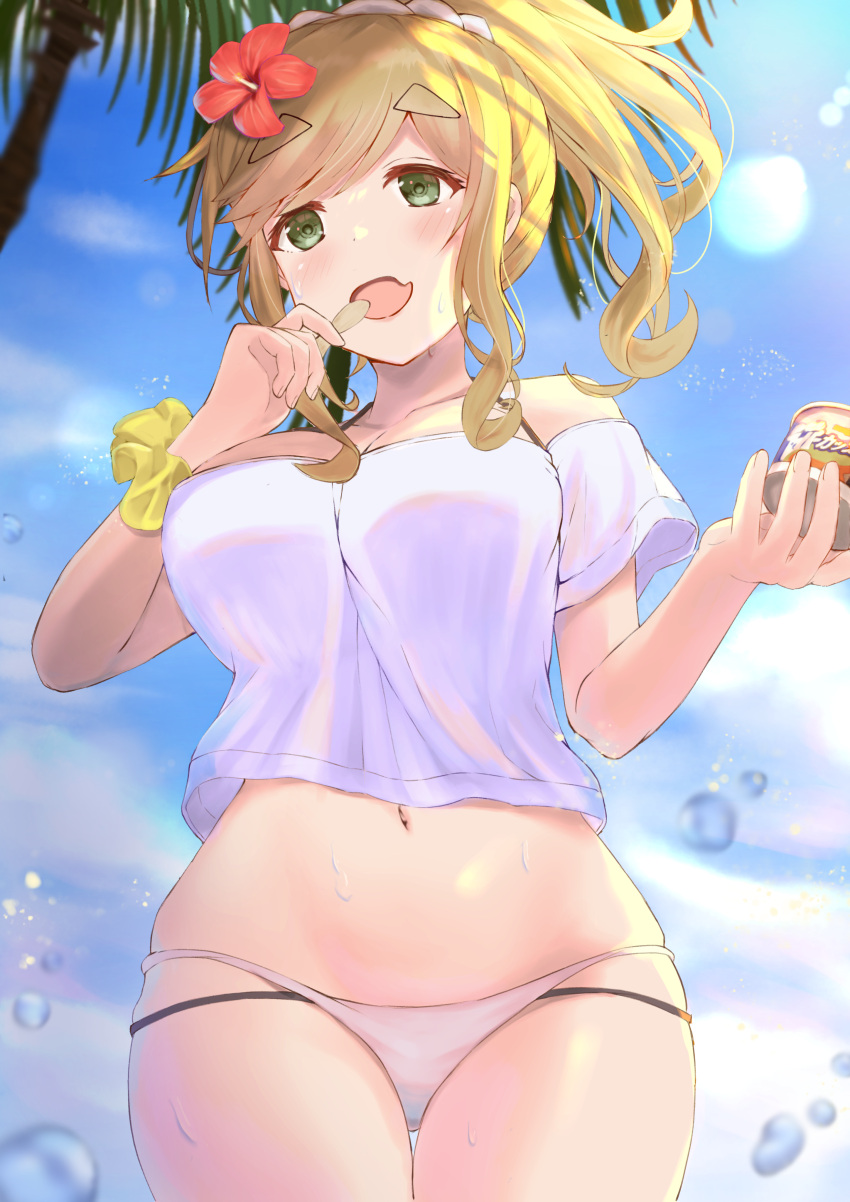 1girl absurdres bikini blonde_hair breasts eyebrows_visible_through_hair fang file112056 flower food green_eyes hair_flower hair_ornament highres holding ice_cream inuyama_aoi large_breasts layered_bikini navel no_pants outdoors palm_tree ponytail scrunchie shirt skin_fang solo sweat swimsuit t-shirt thick_eyebrows tree wrist_scrunchie yurucamp
