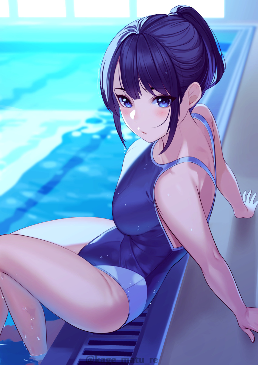 1girl absurdres bangs bare_shoulders blue_eyes blue_hair blue_swimsuit blush breasts highleg highleg_swimsuit highres kagematsuri large_breasts long_hair looking_at_viewer one-piece_swimsuit original ponytail poolside sitting soaking_feet solo swimsuit thigh-highs thighs wet