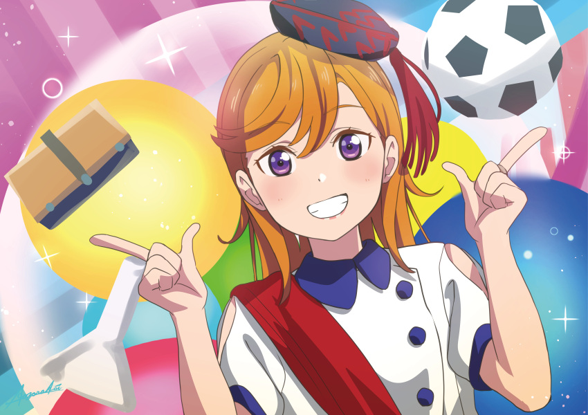 1girl absurdres al_aoi_aoba alternate_costume artist_painter ball bangs collared_shirt eyebrows_visible_through_hair hands_up hat highres long_hair looking_at_viewer love_live! love_live!_superstar!! multicolored multicolored_background orange_hair pointing pointing_up shibuya_kanon shirt signature smile soccer_ball solo teeth upper_body violet_eyes white_shirt