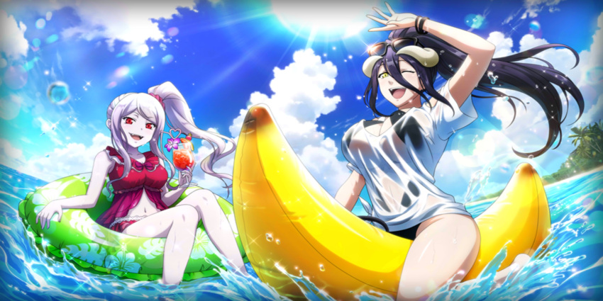 2girls albedo_(overlord) beach black_hair clouds cloudy_sky drink eyewear_on_head hair_between_eyes highres holding holding_drink horns innertube multiple_girls ocean official_art one_eye_closed open_mouth overlord_(maruyama) red_eyes see-through shalltear_bloodfallen shirt silver_hair sky sunglasses swimsuit swimsuit_under_clothes water wet wet_clothes wet_shirt yellow_eyes