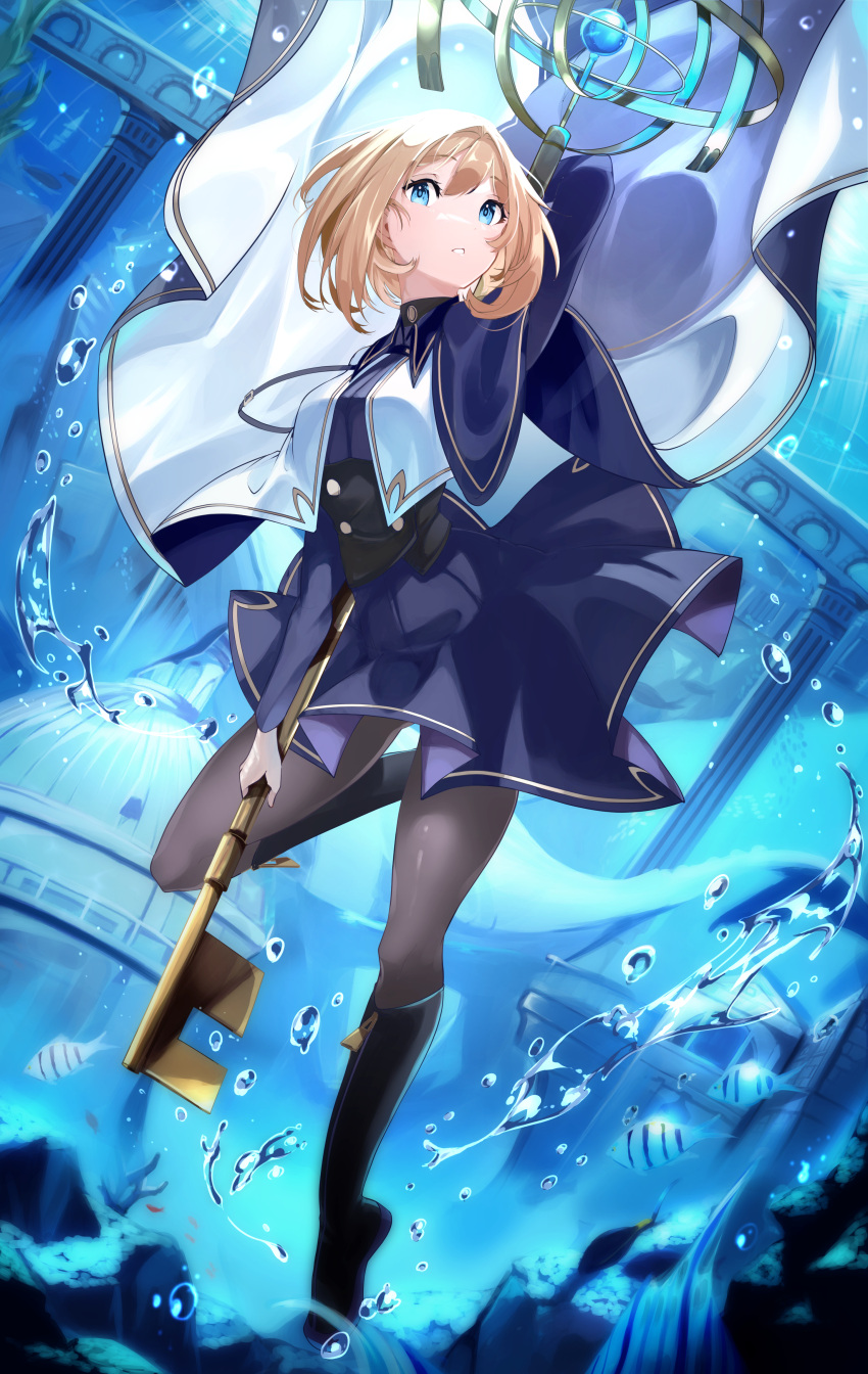 1girl absurdres blonde_hair blue_eyes fish highres original pantyhose risumi_(taka-fallcherryblossom) skirt solo staff underwater water
