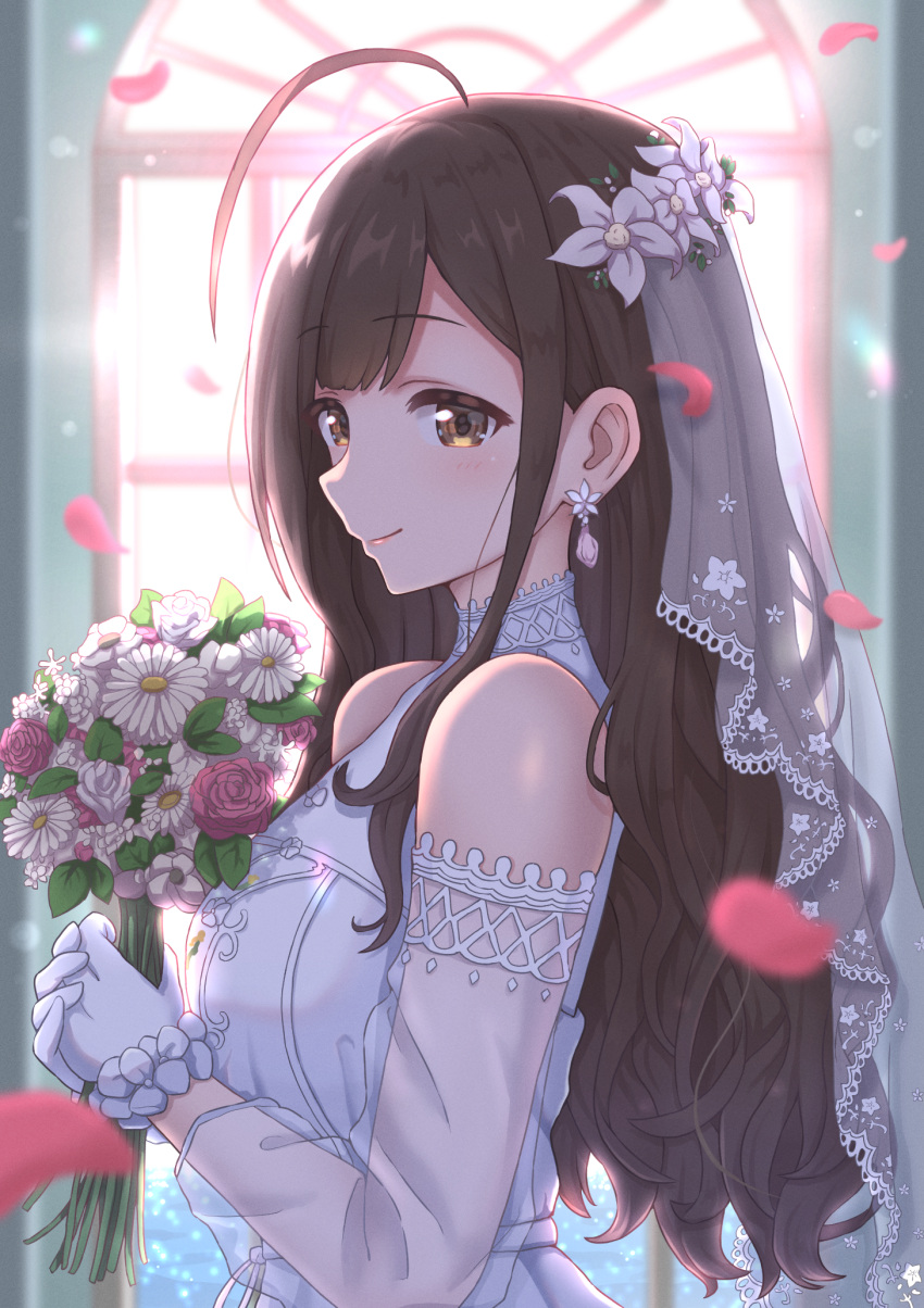 1girl ahoge blurry blush bokeh bride brown_hair depth_of_field detached_sleeves dress earrings eyebrows_visible_through_hair flower glint gloves hair_flower hair_ornament hands_together highres holding holding_flower idolmaster idolmaster_shiny_colors jewelry kuwayama_chiyuki lace-trimmed_veil lace_trim long_hair looking_at_viewer looking_to_the_side petals see-through_sleeves shiny shiny_hair simoumi_217 smile solo sunlight upper_body wavy_hair wedding_dress white_dress white_gloves window