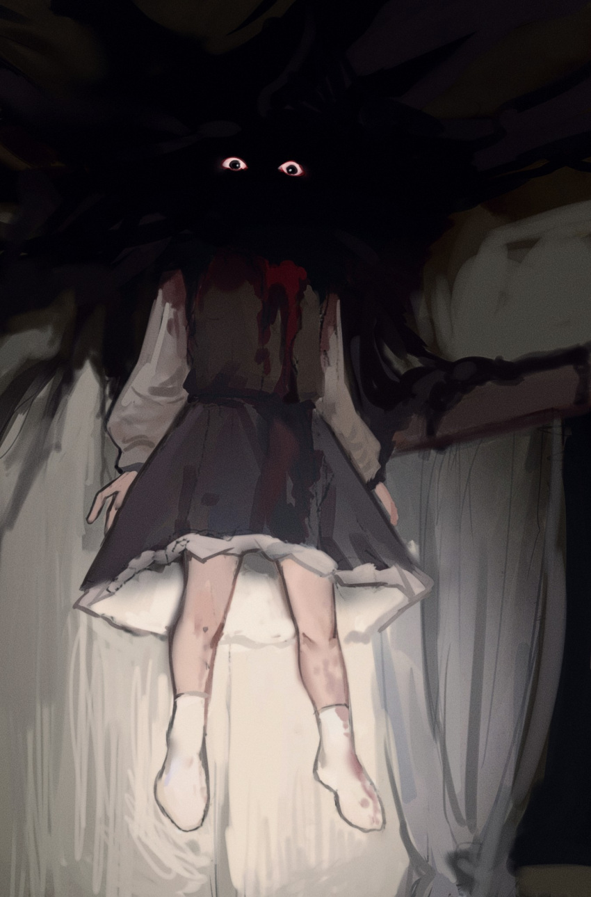 1girl black_dress black_eyes blood bloody_clothes bonedwoo ceiling colored_sclera curtains darkness dress eyes_in_shadow flat_chest floating highres horror_(theme) indoors long_sleeves medium_skirt night red_sclera rumia shirt skirt skirt_set socks touhou vest white_shirt window
