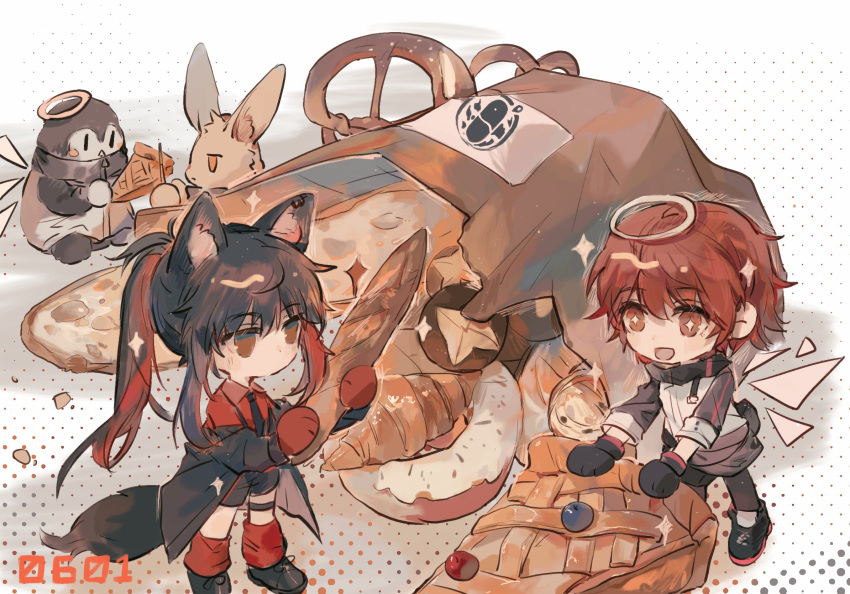 +_+ 2girls animal_ears apple_da-ze apple_pie arknights baguette bird black_footwear black_gloves black_hair black_jacket black_legwear black_neckwear black_shorts bread character_doll chibi commentary_request croissant detached_wings doughnut dress_shirt energy_wings exusiai_(arknights) food gloves halo highres holding holding_food jacket long_hair multicolored_hair multiple_girls necktie off_shoulder official_alternate_costume open_mouth oversized_food pantyhose penguin ponytail pretzel rabbit red_eyes red_gloves red_legwear red_shirt redhead shirt shoes shorts sparkle symbol_commentary tail texas_(arknights) texas_(willpower)_(arknights) thigh_strap two-tone_hair white_jacket wings wolf_ears wolf_girl wolf_tail yellow_eyes