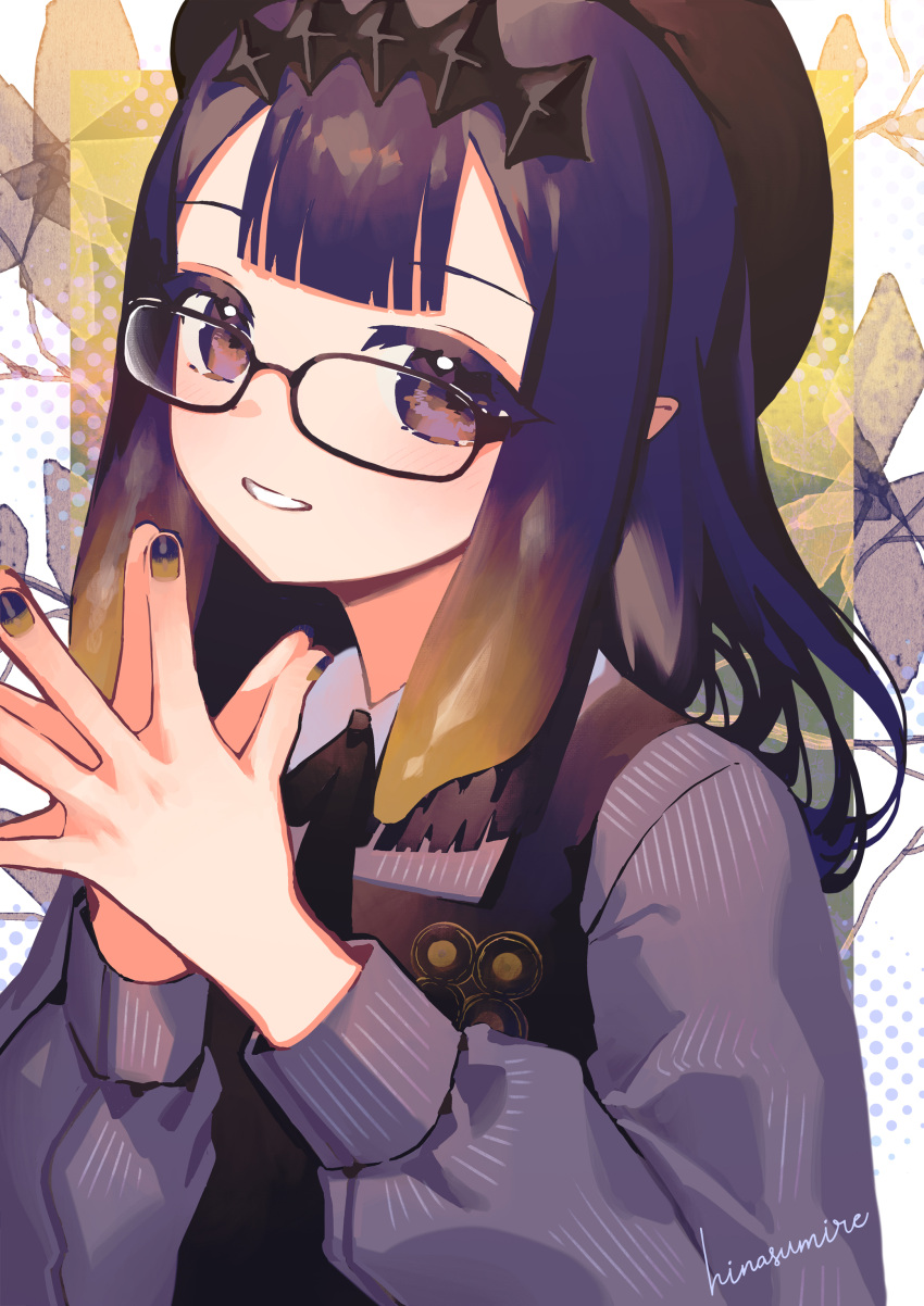 1girl absurdres artist_name bangs black-framed_eyewear black_headwear blush commentary fingers_together glasses hat highres hinasumire hololive long_hair long_sleeves looking_at_viewer ninomae_ina'nis pointy_ears purple_hair purple_sweater sidelocks smile solo sweater tiara violet_eyes