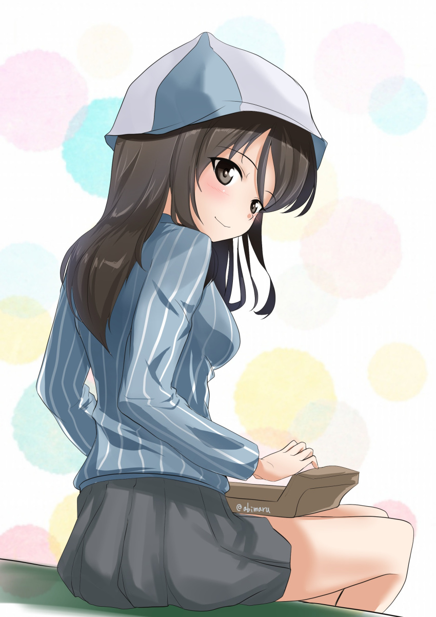 1girl abimaru_gup absurdres bangs blue_headwear blue_shirt brown_eyes brown_hair closed_mouth commentary from_behind girls_und_panzer grey_skirt hat highres holding holding_instrument instrument kantele keizoku_school_uniform long_hair long_sleeves looking_at_viewer looking_back mika_(girls_und_panzer) miniskirt music playing_instrument pleated_skirt polka_dot polka_dot_background school_uniform shirt sitting skirt smile solo striped striped_shirt tulip_hat twitter_username vertical-striped_shirt vertical_stripes