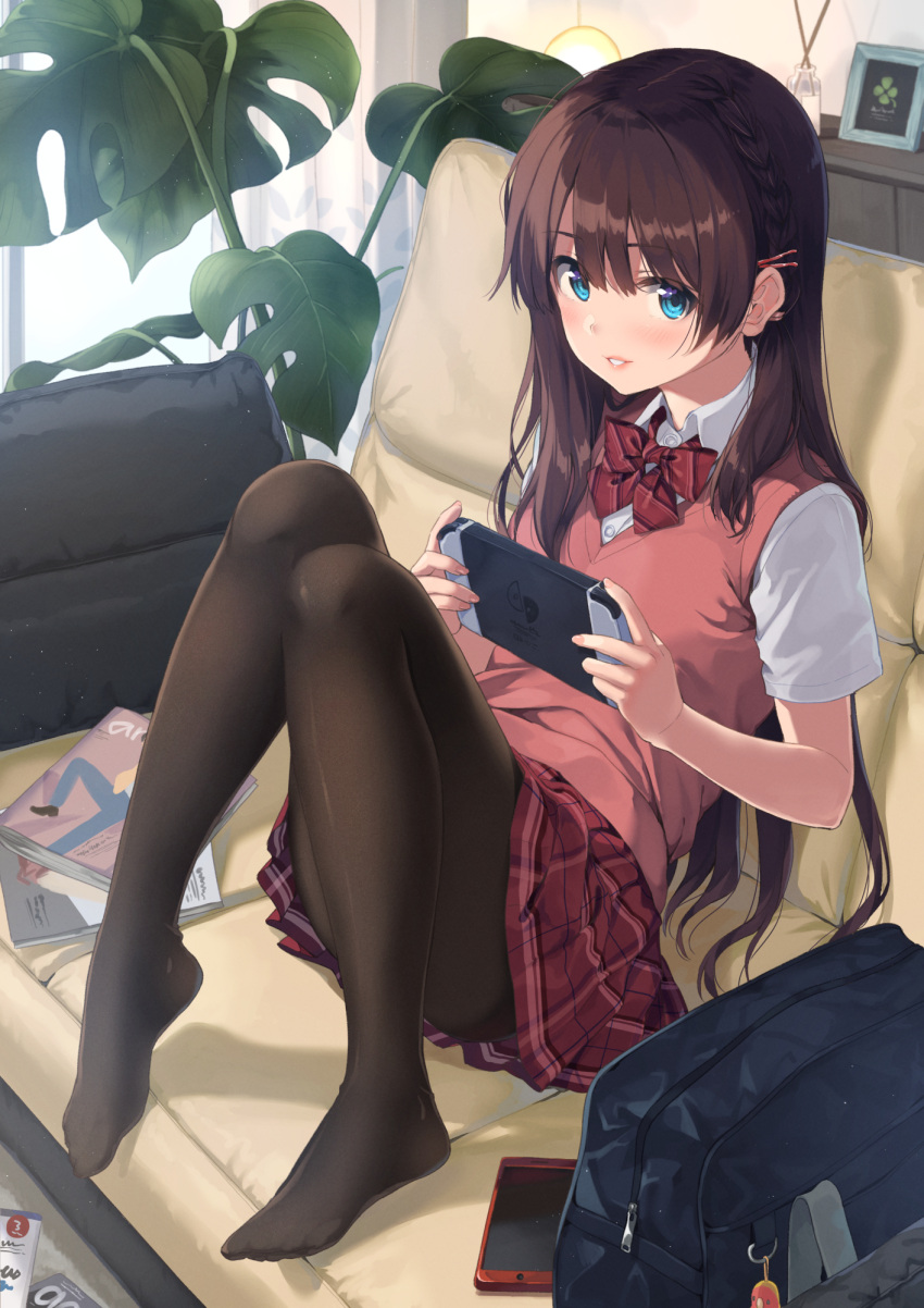 1girl bag bangs black_legwear blue_eyes blush bow bowtie brown_hair collared_shirt commentary_request controller couch day hair_ornament hairclip highres holding holding_controller indoors knees_up lips long_hair looking_at_viewer magazine nintendo_switch original pantyhose parted_lips phone plant pleated_skirt red_bow red_neckwear red_skirt red_vest school_bag school_uniform shirt short_sleeves sitting skirt smile solo unasaka_ryou vest white_shirt