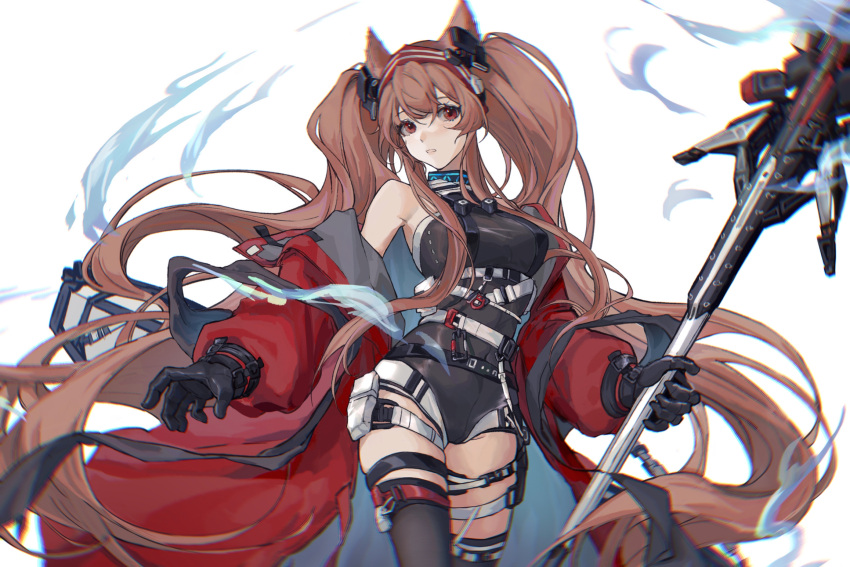 1girl angelina_(arknights) angelina_(distinguished_visitor)_(arknights) animal_ears arknights bangs bare_shoulders belt black_choker black_gloves black_legwear black_leotard breasts brown_hair choker coat commentary_request fox_ears gloves hairband highres holding holding_staff infection_monitor_(arknights) leotard long_hair long_sleeves looking_at_viewer medium_breasts off_shoulder open_clothes open_coat originium_arts_(arknights) parted_lips red_coat red_eyes red_hairband simple_background solo staff thigh_strap thighs very_long_hair white_background white_belt zranin
