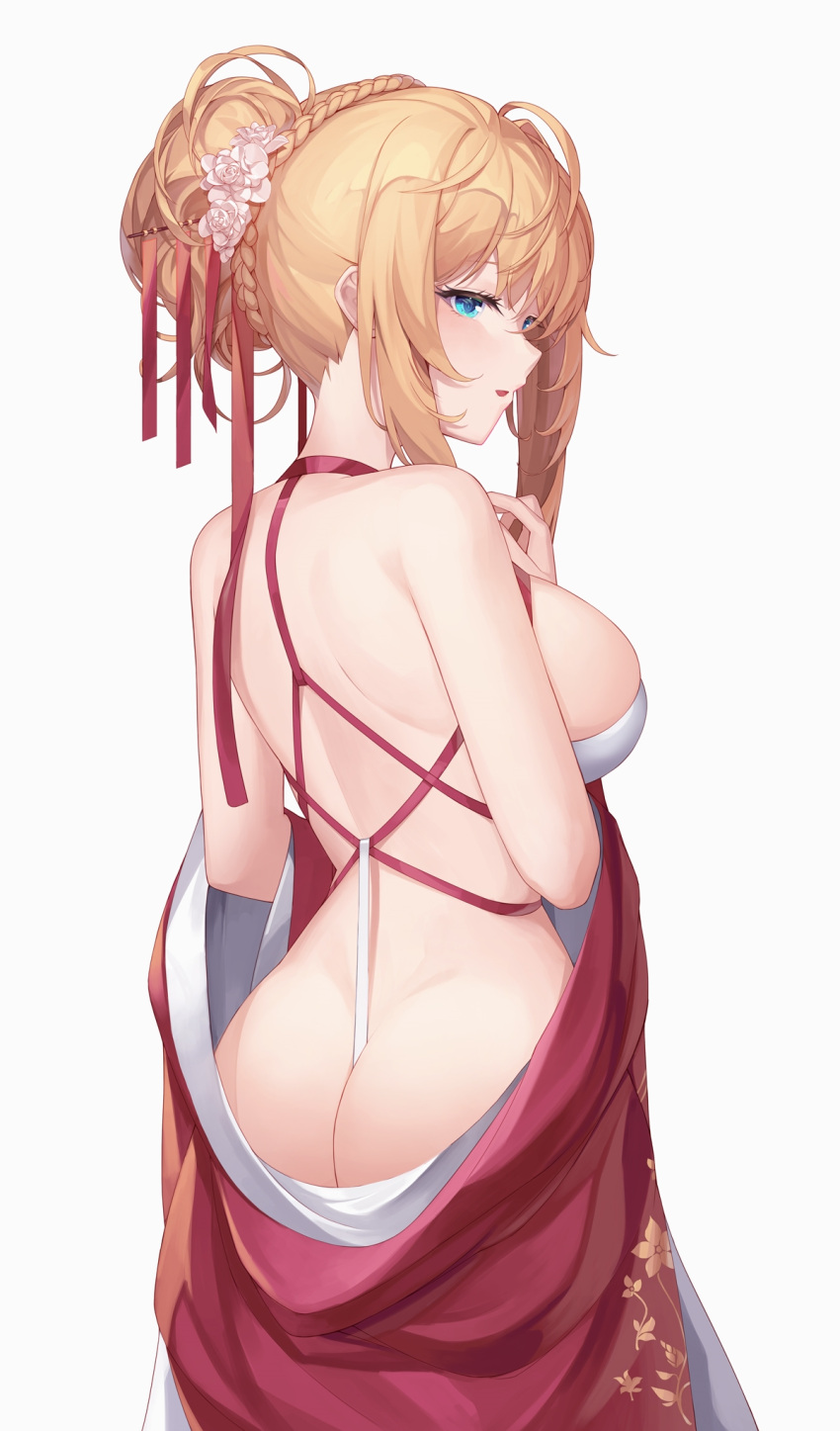 1girl ass azur_lane back bare_shoulders blonde_hair blue_eyes bra braid breasts btraphen dimples_of_venus flower french_braid from_behind glorious_(azur_lane) glorious_(pungent_plum)_(azur_lane) hair_bun hair_flower hair_ornament highres japanese_clothes kimono large_breasts long_hair looking_at_viewer looking_back parted_lips red_kimono simple_background solo tied_hair underwear white_background white_bra