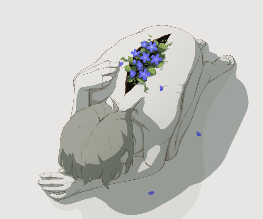 1boy absurdres arm_behind_back avogado6 barefoot blue_flower commentary_request completely_nude dogeza flower full_body grey_hair hand_up highres male_focus nude original simple_background soles solo white_background