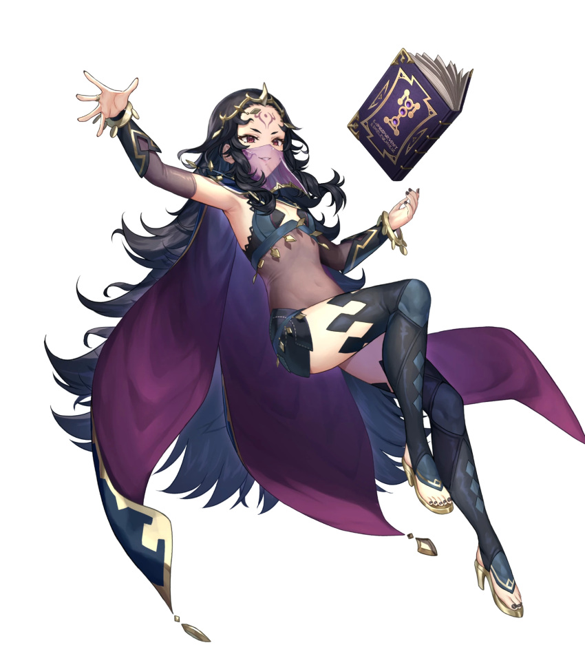 1girl black_hair bodystocking bracelet breasts cape facial_mark fingernails fire_emblem fire_emblem_fates fire_emblem_heroes forehead_mark highres jewelry kousei_horiguchi long_hair mouth_veil nail_polish nyx_(fire_emblem) official_art red_eyes see-through simple_background small_breasts solo thigh-highs tiara toeless_footwear transparent_background veil