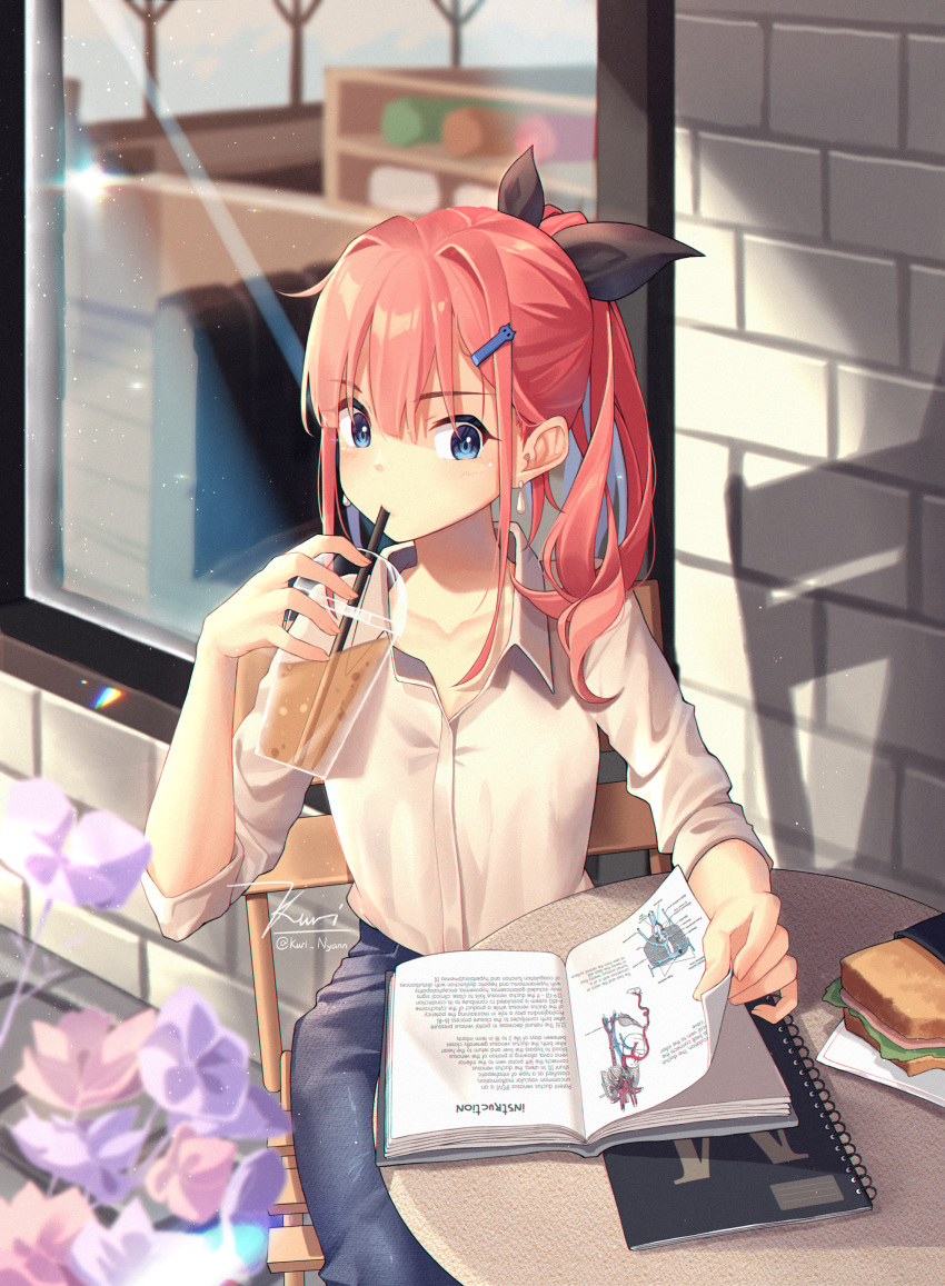 1girl absurdres bangs black_bow book bow cafe commentary drink english_commentary eyebrows_visible_through_hair food hair_ornament hairclip highres holding holding_drink kuri_(animejpholic) long_hair long_sleeves open_book original outdoors pink_hair restaurant sandwich shirt sidelocks solo white_shirt