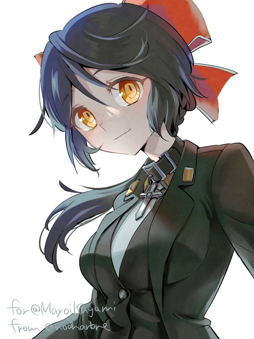 1girl artist_name black_collar black_hair black_jacket bow breasts closed_mouth collar commentary cross english_commentary freckles gift_art hair_between_eyes hair_bow highres jacket light_smile long_hair looking_at_viewer medium_breasts noaharbre original ponytail red_bow simple_background solo twitter_username white_background yellow_eyes