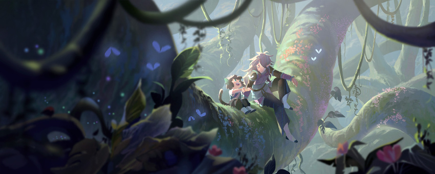 2boys age_difference animal_ears black_hair cat_boy cat_ears cat_tail child felicia_chen fengxi_(the_legend_of_luoxiaohei) highres long_hair long_sleeves luoxiaohei multiple_boys nature outdoors plant pointy_ears short_hair short_sleeves sitting tail the_legend_of_luo_xiaohei tree wide_shot
