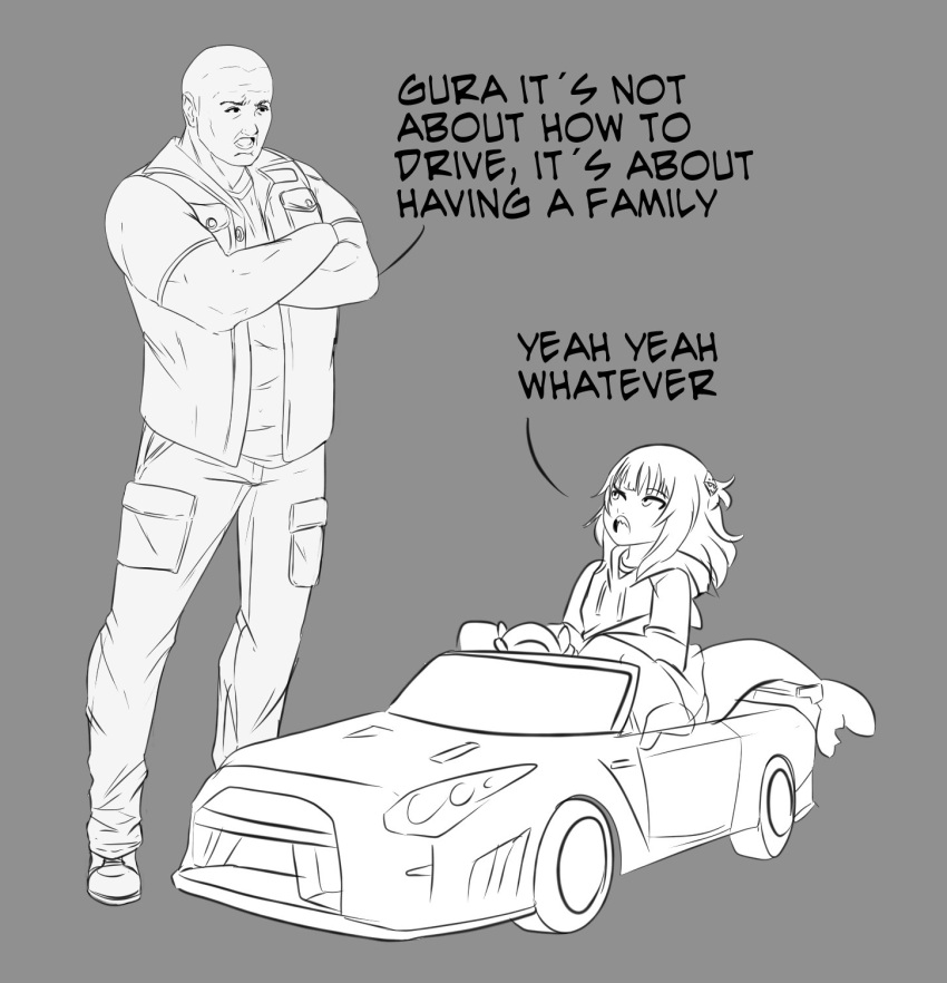 1boy 1girl bald bangs but_family_is_stronger_(meme) car crossed_arms dominic_toretto driving english_text fish_tail gawr_gura ground_vehicle highres hololive hololive_english medium_hair meme motor_vehicle nissan nissan_gt-r open_mouth peagade shark_tail shirt sketch tail the_fast_and_the_furious two_side_up vest vin_diesel virtual_youtuber