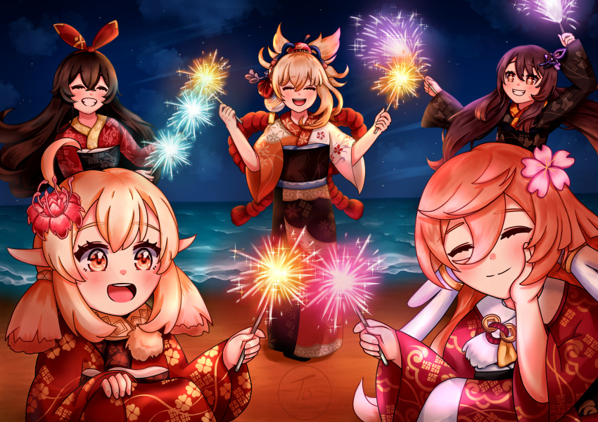 5girls :d ^_^ ^o^ absurdres adapted_costume ahoge alternate_costume amber_(genshin_impact) bangs beach brown_hair closed_eyes clouds cloudy_sky commentary dual_wielding english_commentary eyebrows_visible_through_hair eyes_visible_through_hair firecrackers fireworks genshin_impact grin hair_between_eyes hair_ornament hairband highres holding horizon horns hu_tao_(genshin_impact) japanese_clothes kimono klee_(genshin_impact) light_brown_hair long_hair long_sleeves looking_at_viewer low_twintails multiple_girls night night_sky ocean open_mouth orange_eyes pink_hair pointy_ears ponytail rope senkou_hanabi shimenawa sidelocks sky smile sparkler symbol-shaped_pupils tiny_owlbear trait_connection twintails wide_sleeves yanfei_(genshin_impact) yoimiya_(genshin_impact) yukata