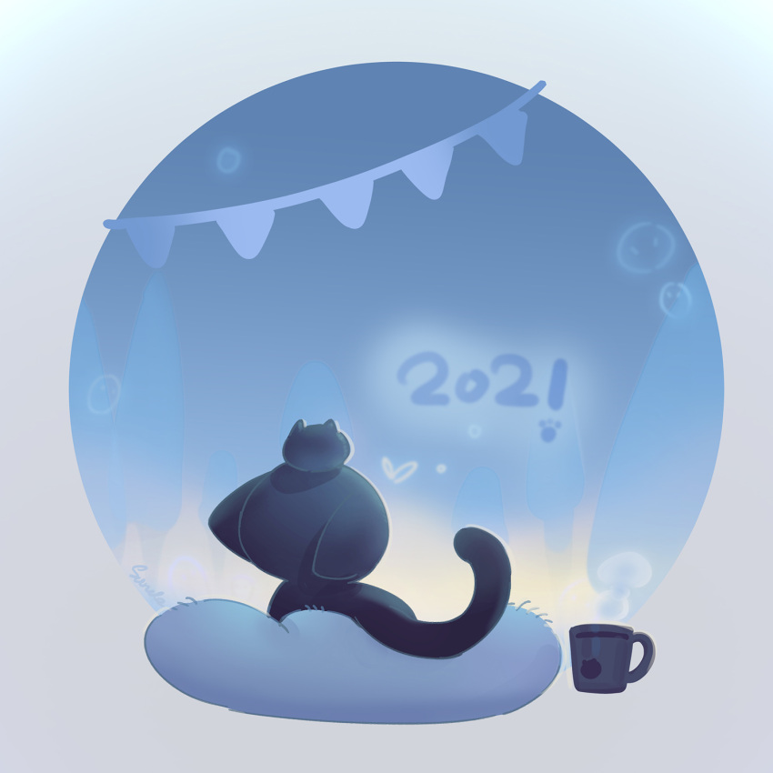 1boy 2021 animal_focus black_cat cat circle cup facing_away from_behind highres luoxiaohei mug no_humans solo steam suncle the_legend_of_luo_xiaohei