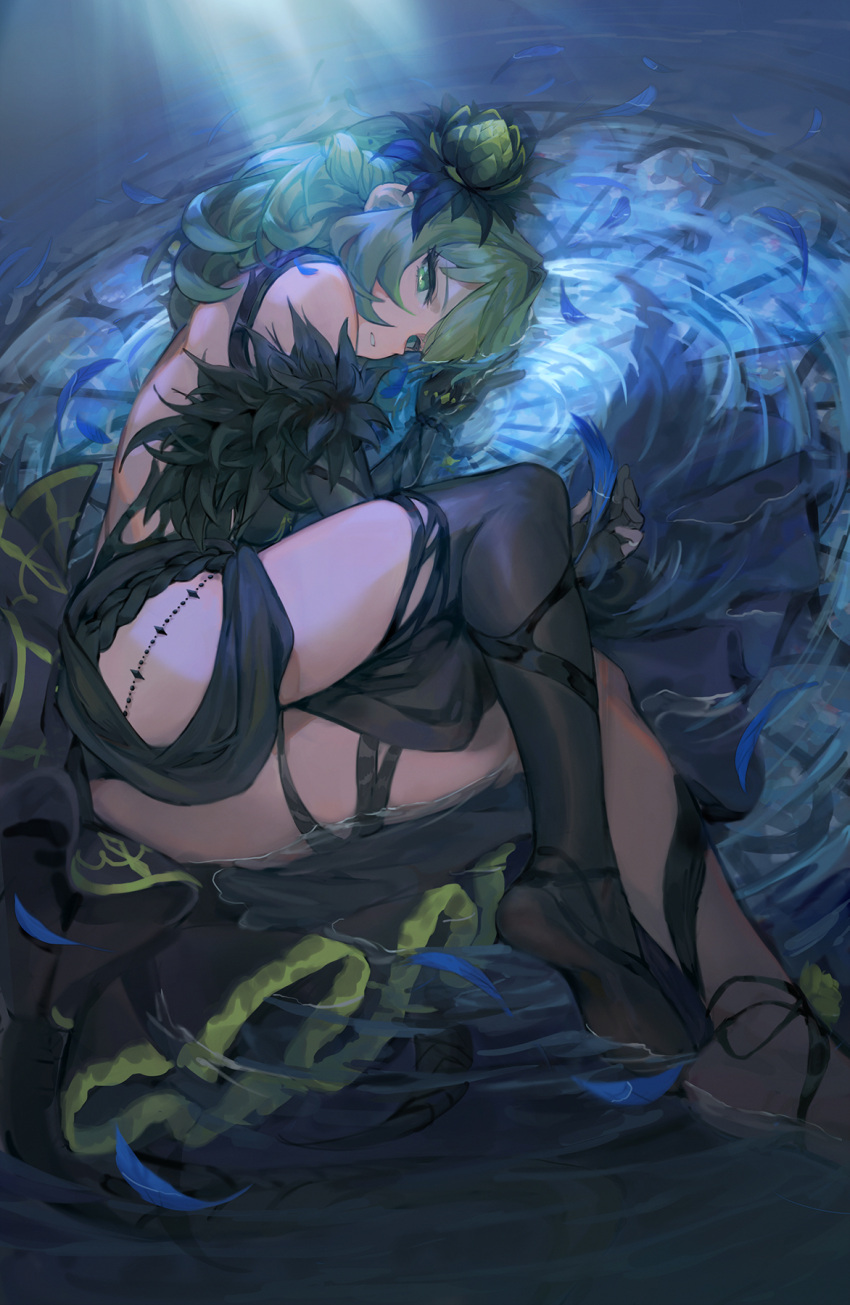 1girl ass backless_dress backless_outfit bangs bare_shoulders black_dress black_gloves black_legwear blue_eyes braid dress ecien elbow_gloves feather_trim feathers flower french_braid from_above gloves green_eyes green_hair hair_flower hair_ornament heterochromia highres idolmaster idolmaster_cinderella_girls idolmaster_cinderella_girls_starlight_stage looking_at_viewer lying lying_on_water no_shoes on_side parted_bangs partially_submerged ripples short_hair single_thighhigh smile solo takagaki_kaede thigh-highs water wet wet_hair
