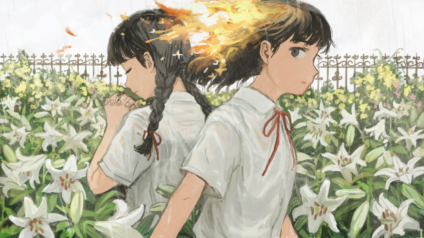 2girls bangs black_hair braid brown_eyes character_request closed_eyes closed_mouth collared_shirt commentary_request ender_lilies_quietus_of_the_knights expressionless fence fiery_hair fire flower from_side garden highres long_hair looking_at_viewer minahamu multiple_girls neck_ribbon own_hands_together pink_flower praying profile red_neckwear ribbon school_uniform shirt short_hair short_sleeves sideways_glance twin_braids upper_body white_flower white_shirt yellow_flower
