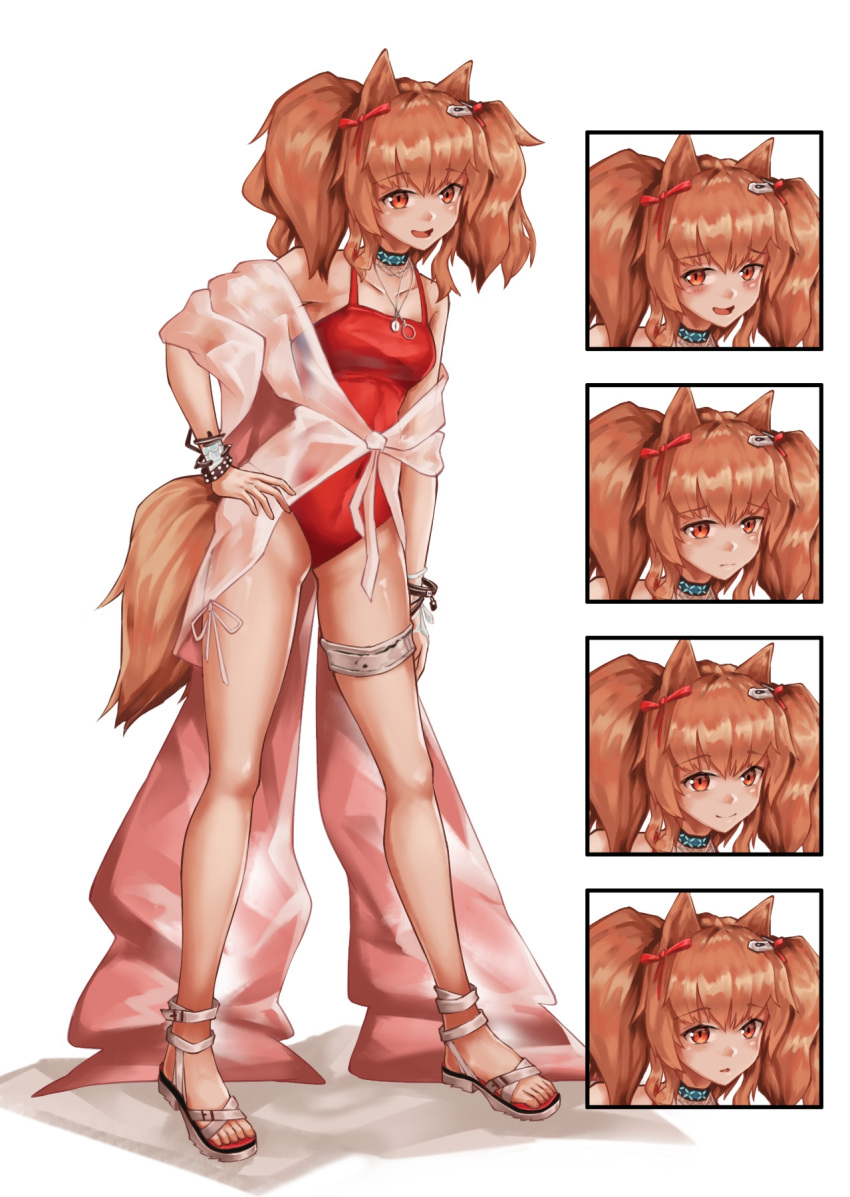 1girl :d angelina_(arknights) angelina_(summer_flowers)_(arknights) animal_ears arknights bangs bare_legs bare_shoulders black_choker blush breasts brown_eyes brown_hair chinese_commentary choker collarbone commentary_request expressions eyebrows_visible_through_hair fox_ears fox_tail full_body hair_ribbon hand_on_hip highres infection_monitor_(arknights) long_hair multiple_views off_shoulder one-piece_swimsuit open_mouth parted_lips red_ribbon red_swimsuit ribbon sandals simple_background small_breasts smile spaghetti_strap standing swimsuit tail the_d6 thigh_strap thighs twintails white_background