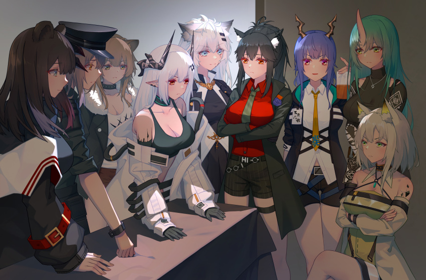 6+girls absurdres animal_ear_fluff animal_ears arknights black_collar black_tank_top blue_hair brown_eyes brown_hair ch'en_(arknights) collar dragon_horns dress fur-trimmed_jacket fur_trim green_dress green_hair grey_eyes heiyizhushenxia highres horns hoshiguma_(arknights) hoshiguma_(patrolling_ronin)_(arknights) jacket jumpsuit kal'tsit_(arknights) lappland_(arknights) lappland_(refined_horrormare)_(arknights) lion lion_ears lion_tail mudrock_(arknights) multiple_girls off-shoulder_jacket off_shoulder oni_horns parody pointy_ears red_shorts saria_(arknights) saria_(the_law)_(arknights) scar shorts siege_(arknights) silver_hair tail tank_top texas_(arknights) texas_(willpower)_(arknights) white_jacket white_jumpsuit wolf_ears wolf_girl wolf_tail zima_(arknights)