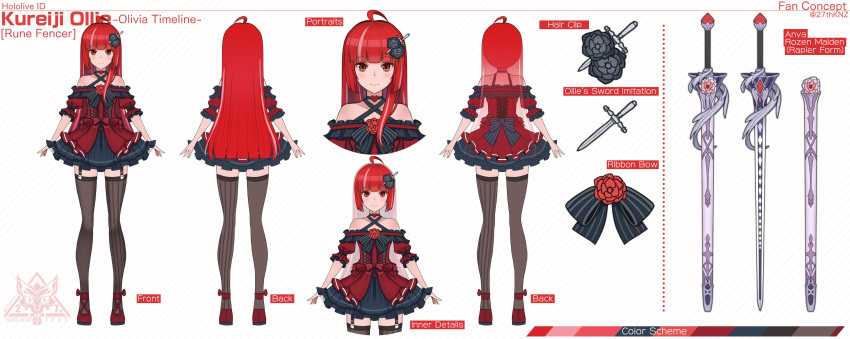 1girl absurdres alternate_costume bangs black_bow bow character_sheet collarbone dress eyebrows_visible_through_hair highres hololive hololive_indonesia kureiji_ollie kuronekozero long_hair off-shoulder_dress off_shoulder olivia_(kureiji_ollie) open_hands red_dress red_eyes red_footwear redhead sword sword_hair_ornament thigh-highs very_long_hair virtual_youtuber weapon